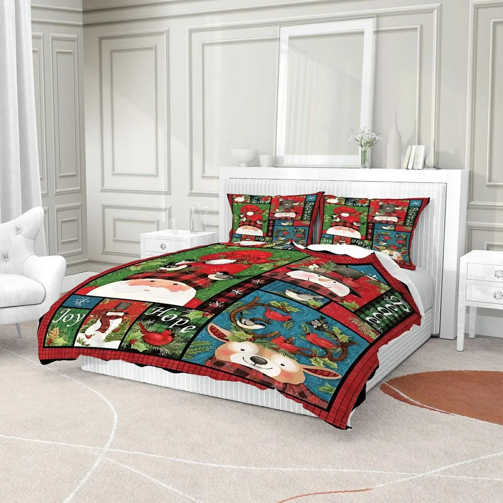 Christmas Santa Snowman Plaid Christmas Gift Duvet Cover Set Kids Bedding Set