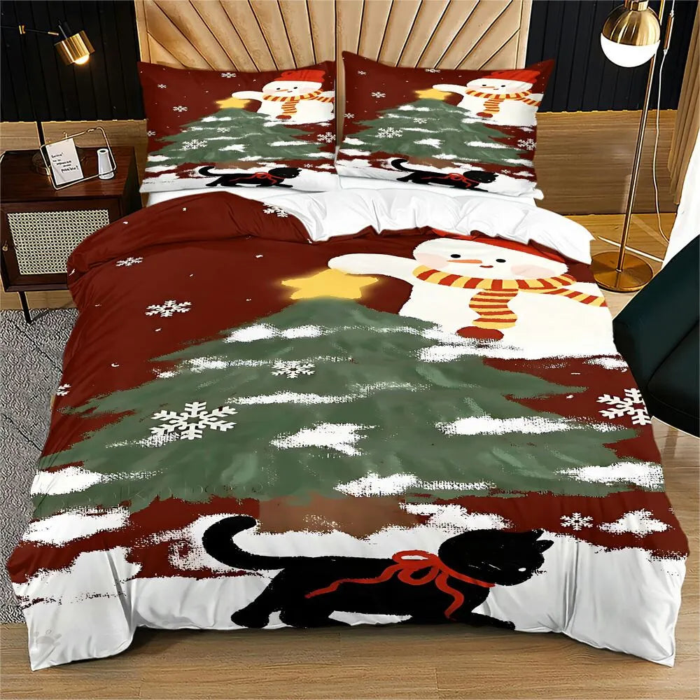 Christmas Snowman Black Cat Christmas Gift Duvet Cover Set Kids Bedding Set