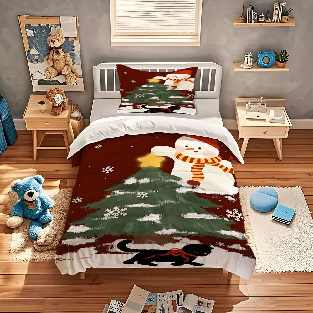 Christmas Snowman Black Cat Christmas Gift Duvet Cover Set Kids Bedding Set