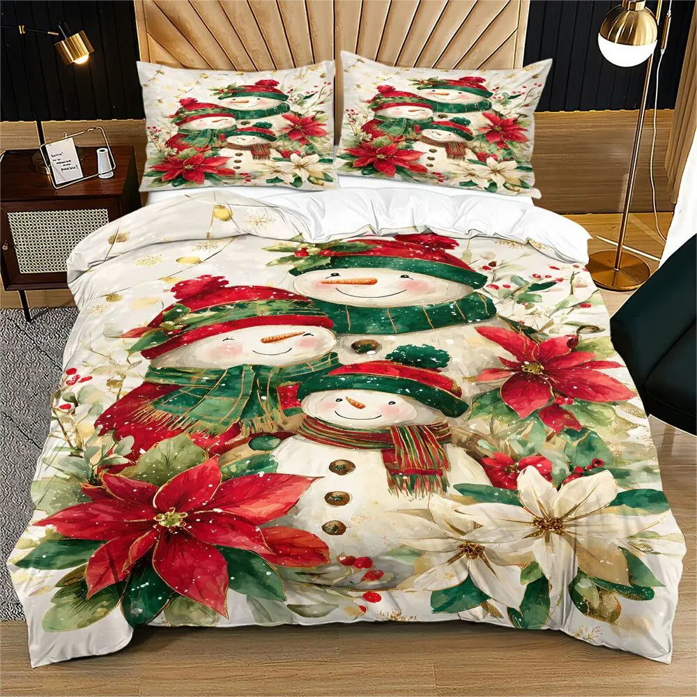Christmas Snowman Family Poinsettia Christmas Gift Duvet Cover Set Kids Bedding Set