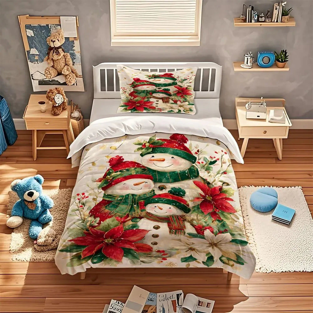 Christmas Snowman Family Poinsettia Christmas Gift Duvet Cover Set Kids Bedding Set