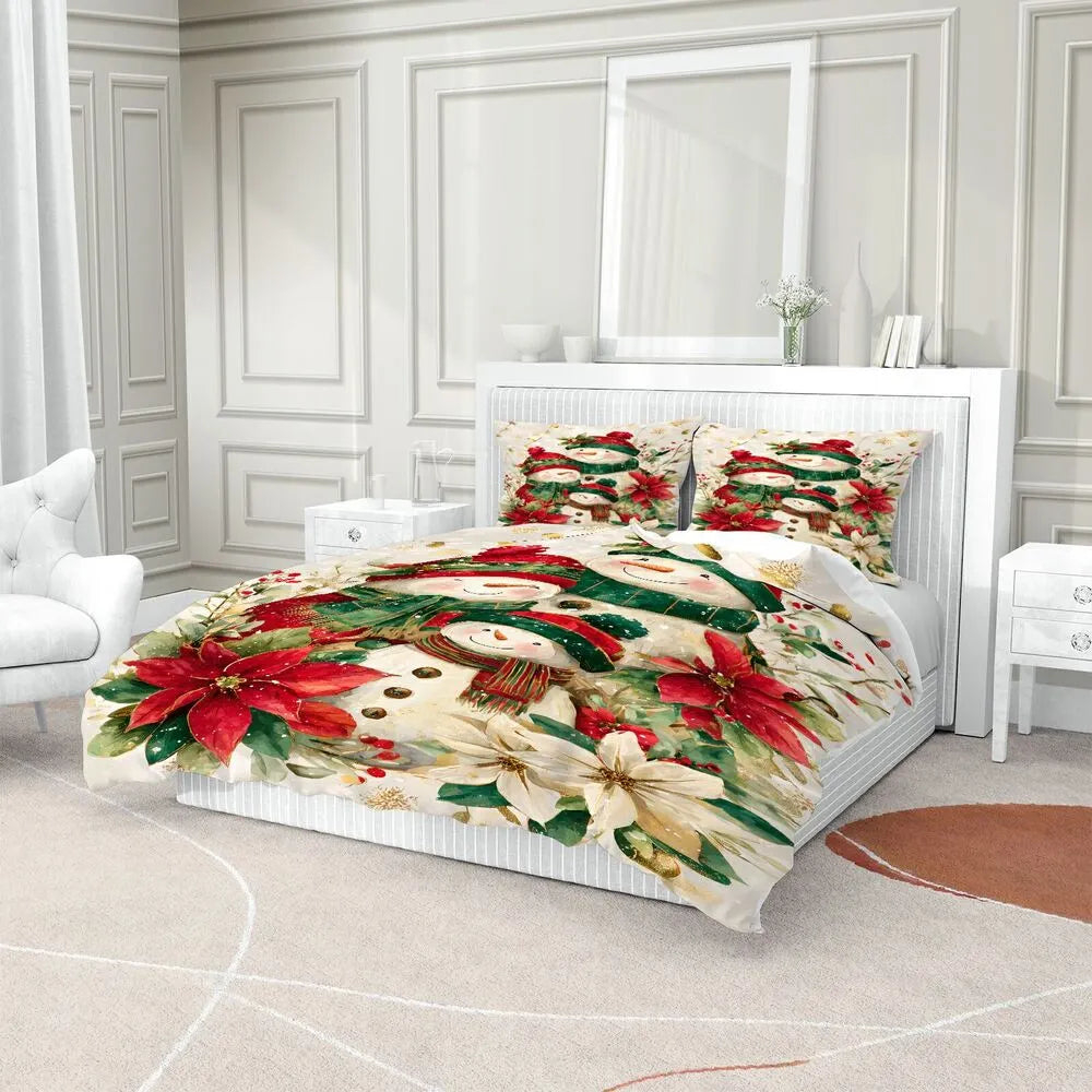 Christmas Snowman Family Poinsettia Christmas Gift Duvet Cover Set Kids Bedding Set