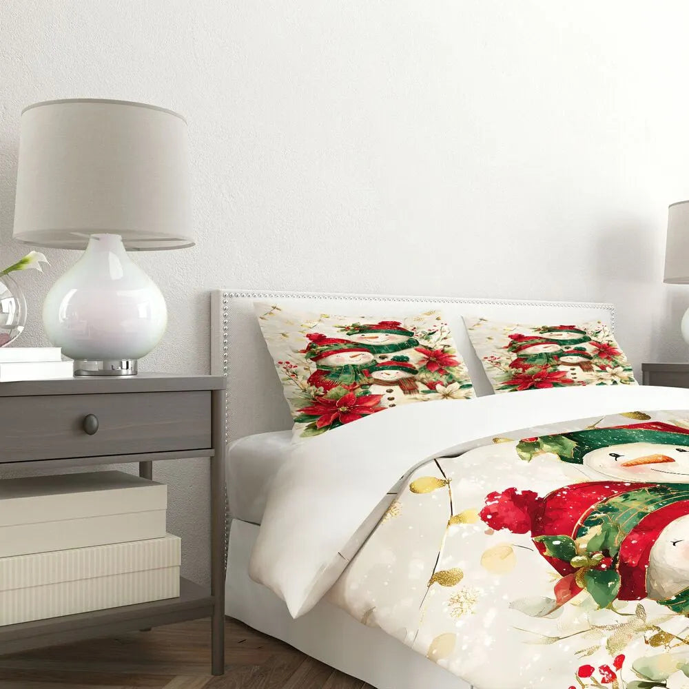 Christmas Snowman Family Poinsettia Christmas Gift Duvet Cover Set Kids Bedding Set