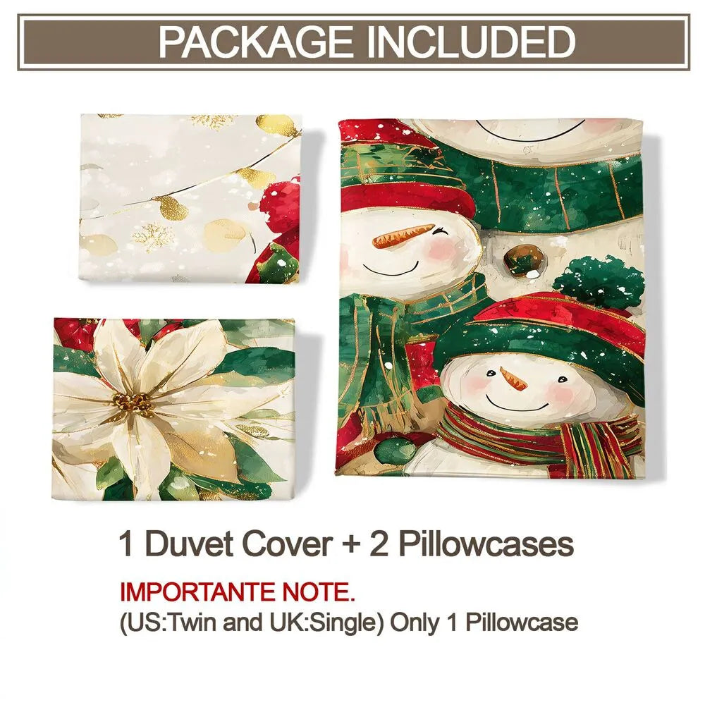 Christmas Snowman Family Poinsettia Christmas Gift Duvet Cover Set Kids Bedding Set