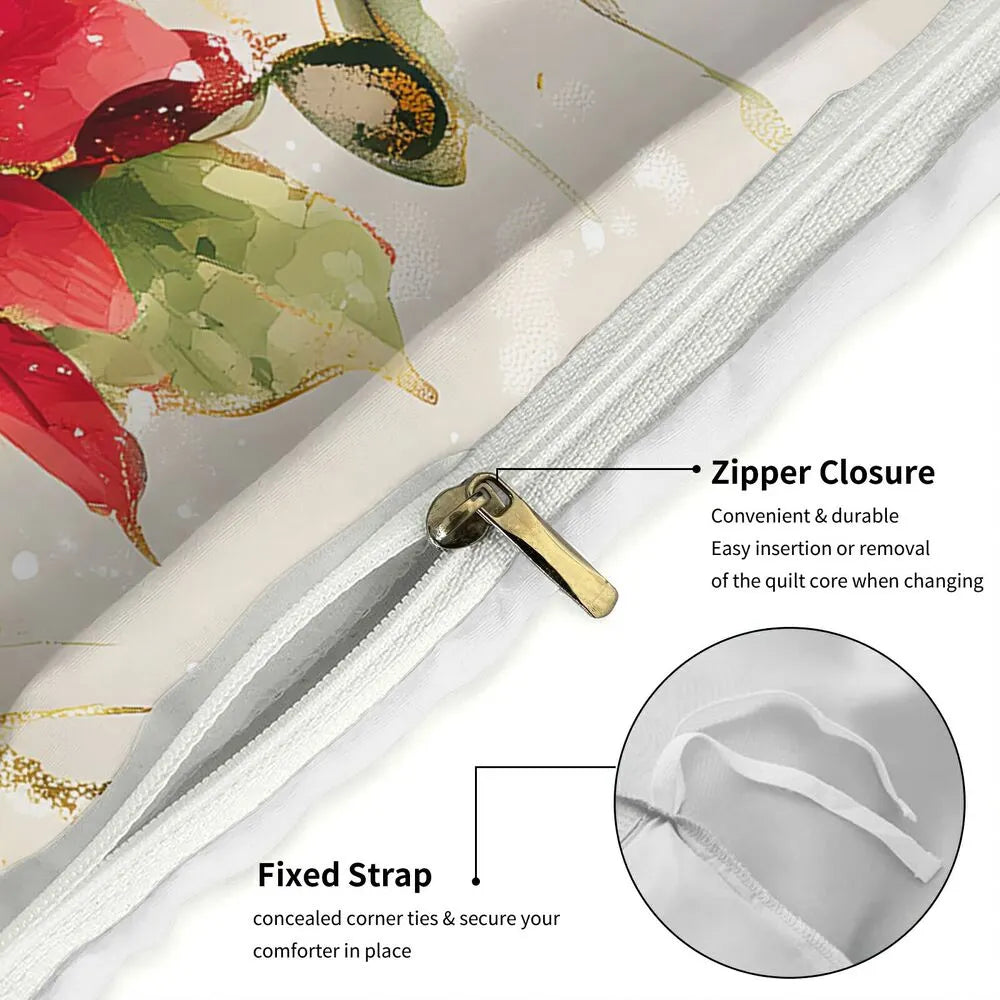 Christmas Snowman Family Poinsettia Christmas Gift Duvet Cover Set Kids Bedding Set