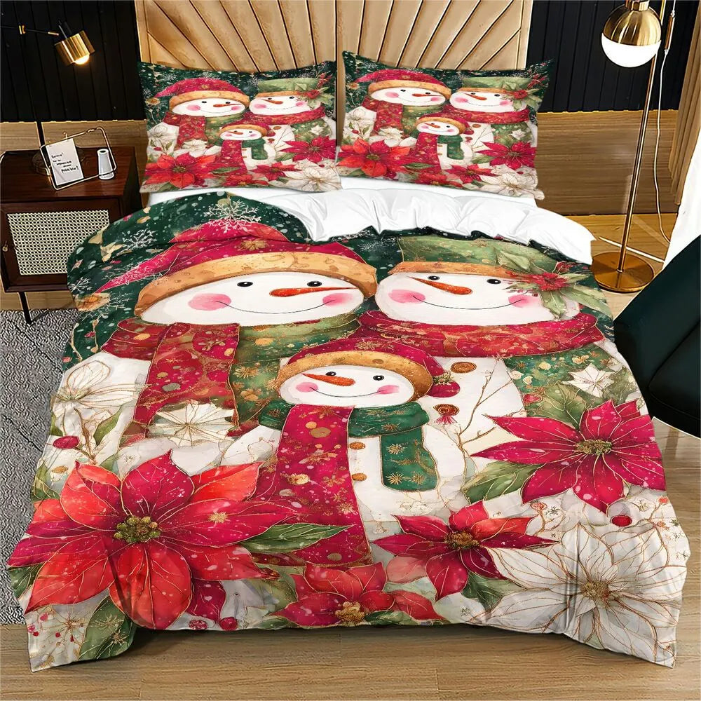 Christmas Snowman Family Poinsettia Green Red Christmas Gift Duvet Cover Set Kids Bedding Set