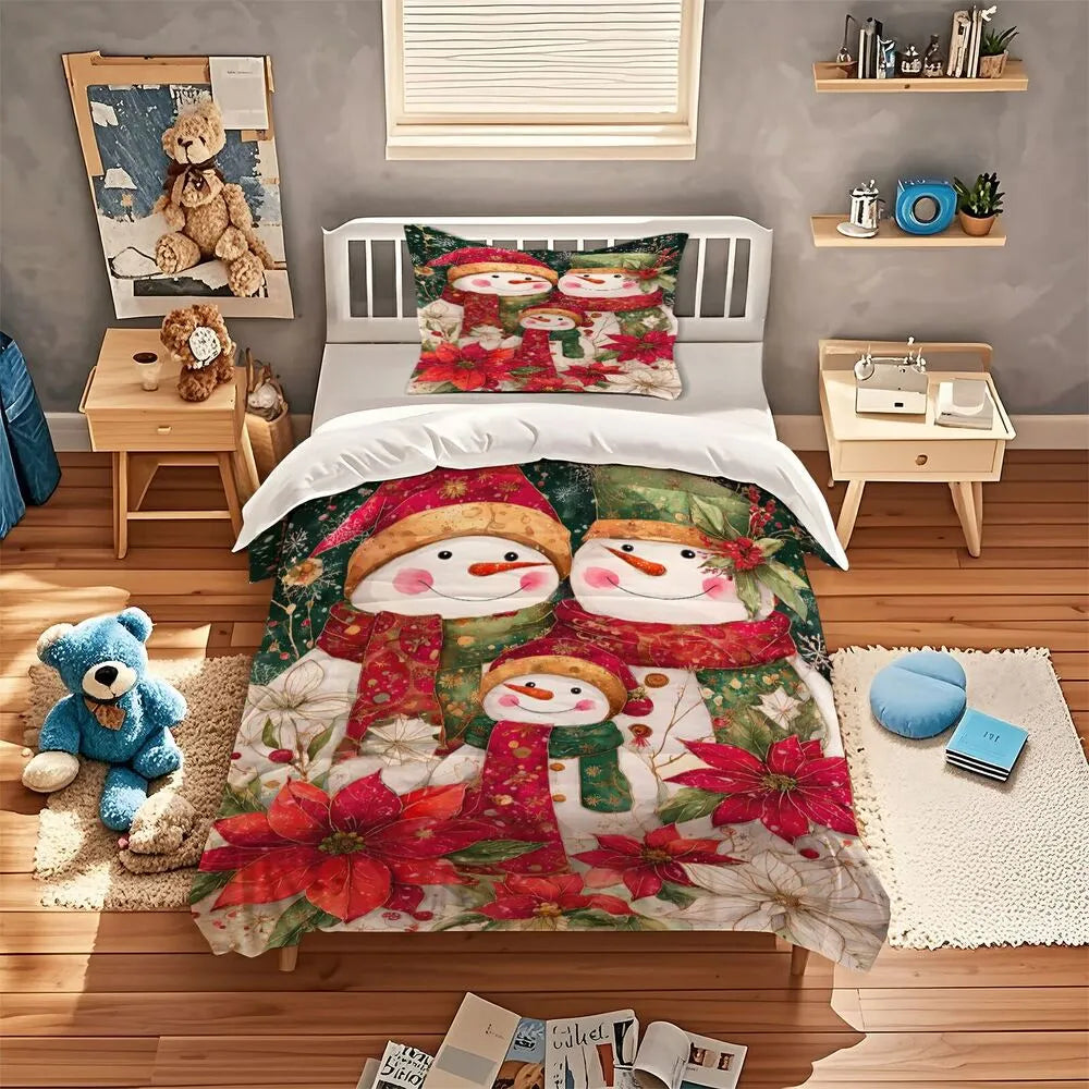 Christmas Snowman Family Poinsettia Green Red Christmas Gift Duvet Cover Set Kids Bedding Set
