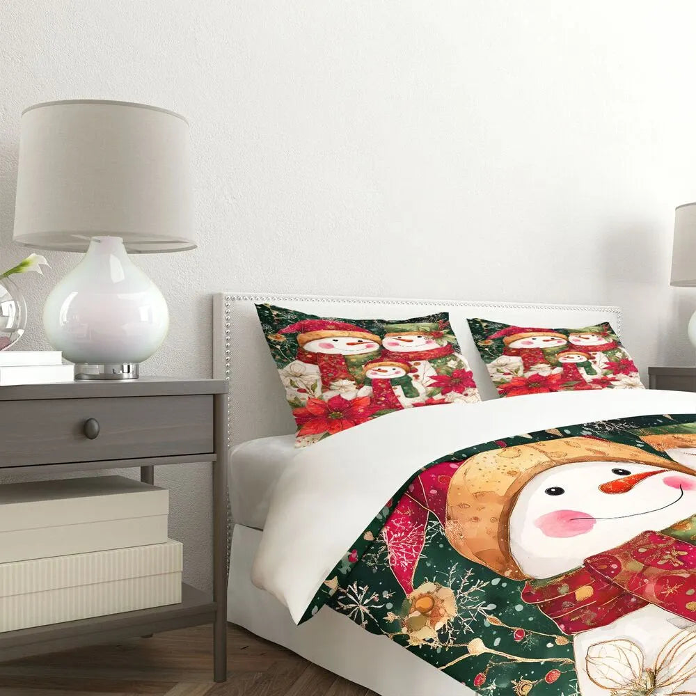 Christmas Snowman Family Poinsettia Green Red Christmas Gift Duvet Cover Set Kids Bedding Set