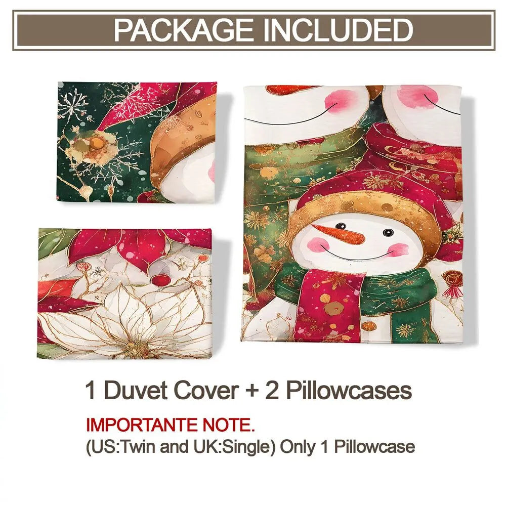 Christmas Snowman Family Poinsettia Green Red Christmas Gift Duvet Cover Set Kids Bedding Set