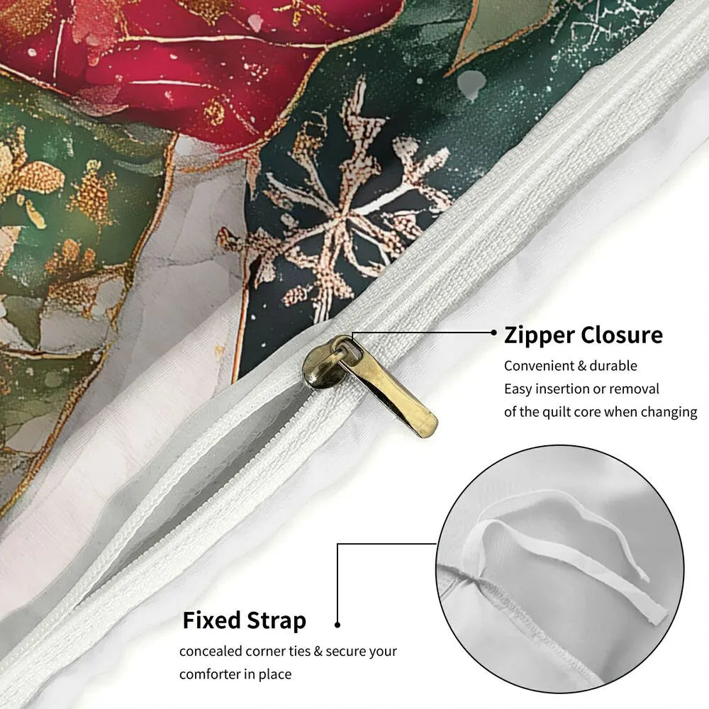 Christmas Snowman Family Poinsettia Green Red Christmas Gift Duvet Cover Set Kids Bedding Set