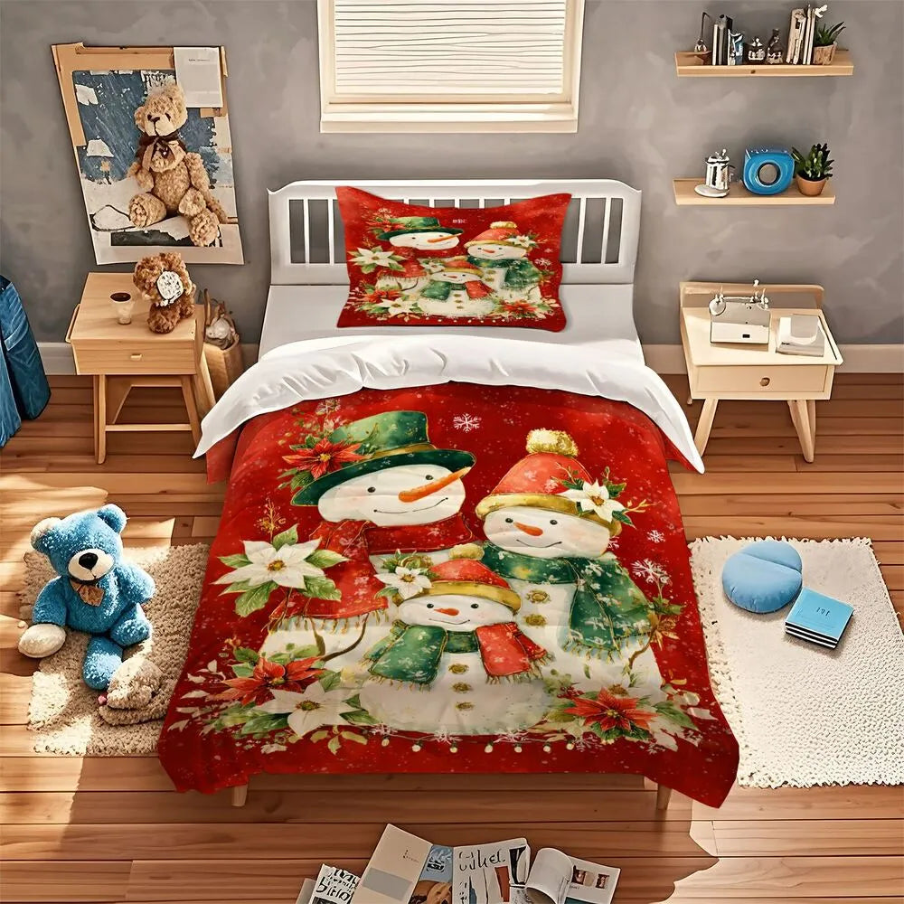 Christmas Snowman Family Poinsettia Red Christmas Gift Duvet Cover Set Kids Bedding Set