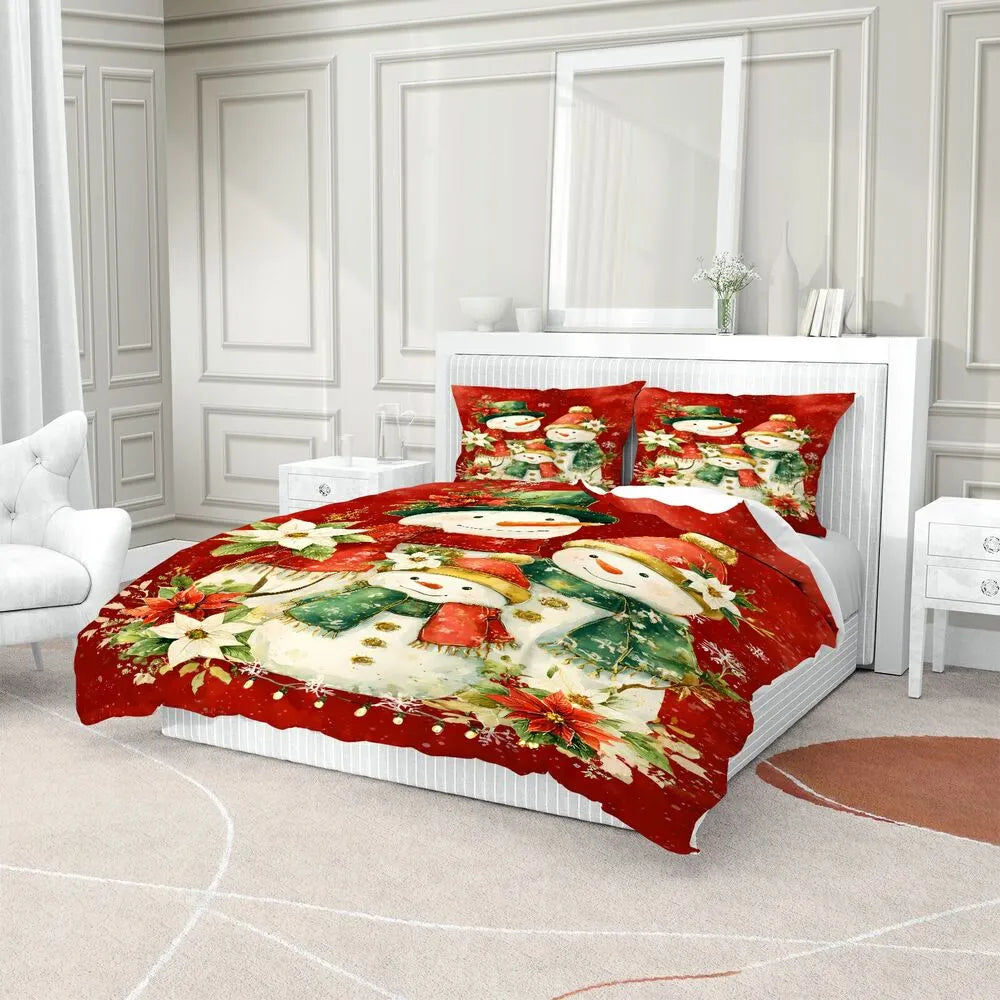 Christmas Snowman Family Poinsettia Red Christmas Gift Duvet Cover Set Kids Bedding Set