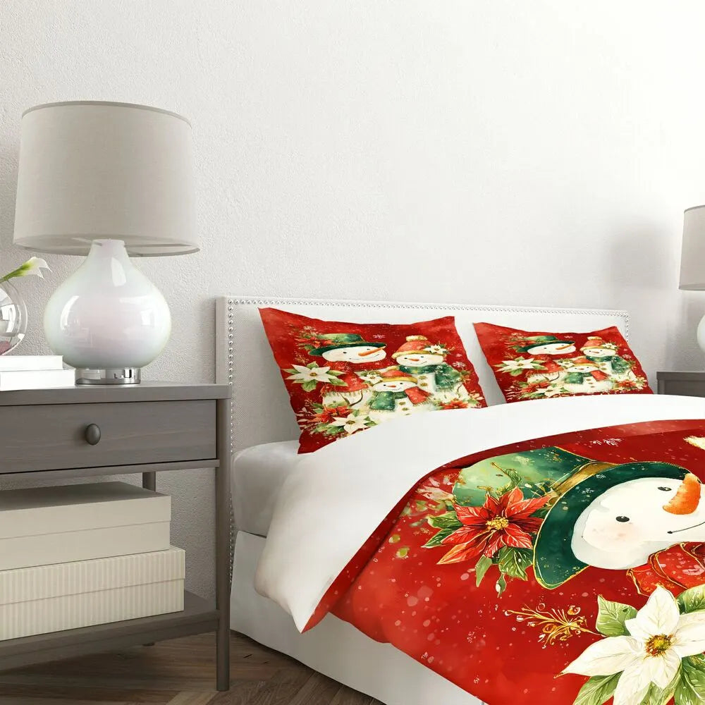 Christmas Snowman Family Poinsettia Red Christmas Gift Duvet Cover Set Kids Bedding Set
