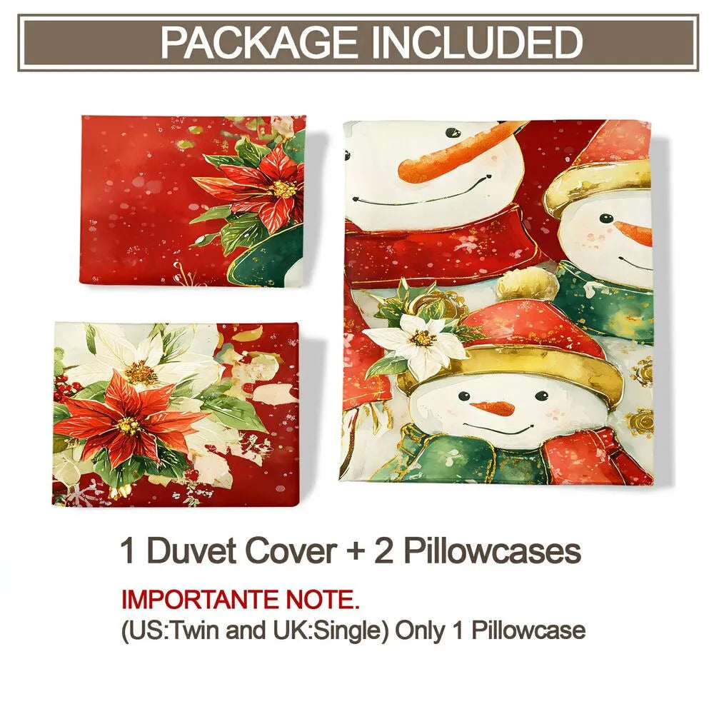 Christmas Snowman Family Poinsettia Red Christmas Gift Duvet Cover Set Kids Bedding Set