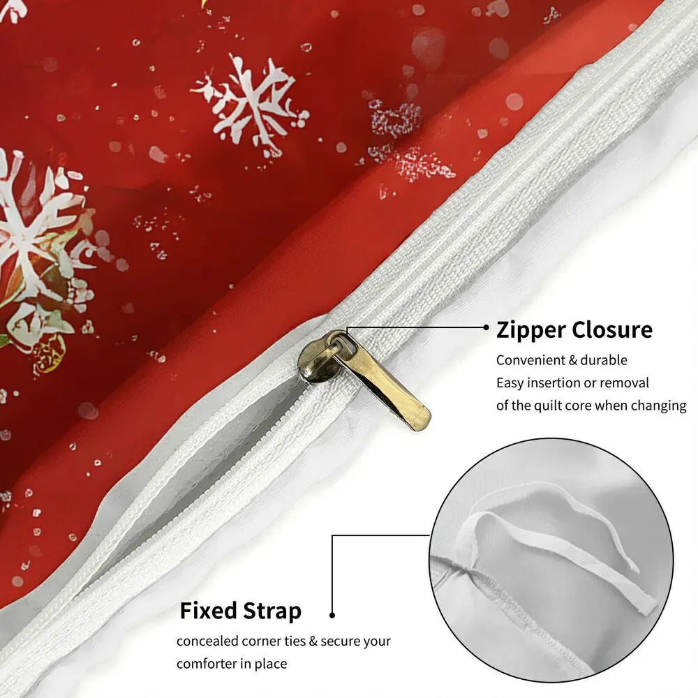 Christmas Snowman Family Poinsettia Red Christmas Gift Duvet Cover Set Kids Bedding Set