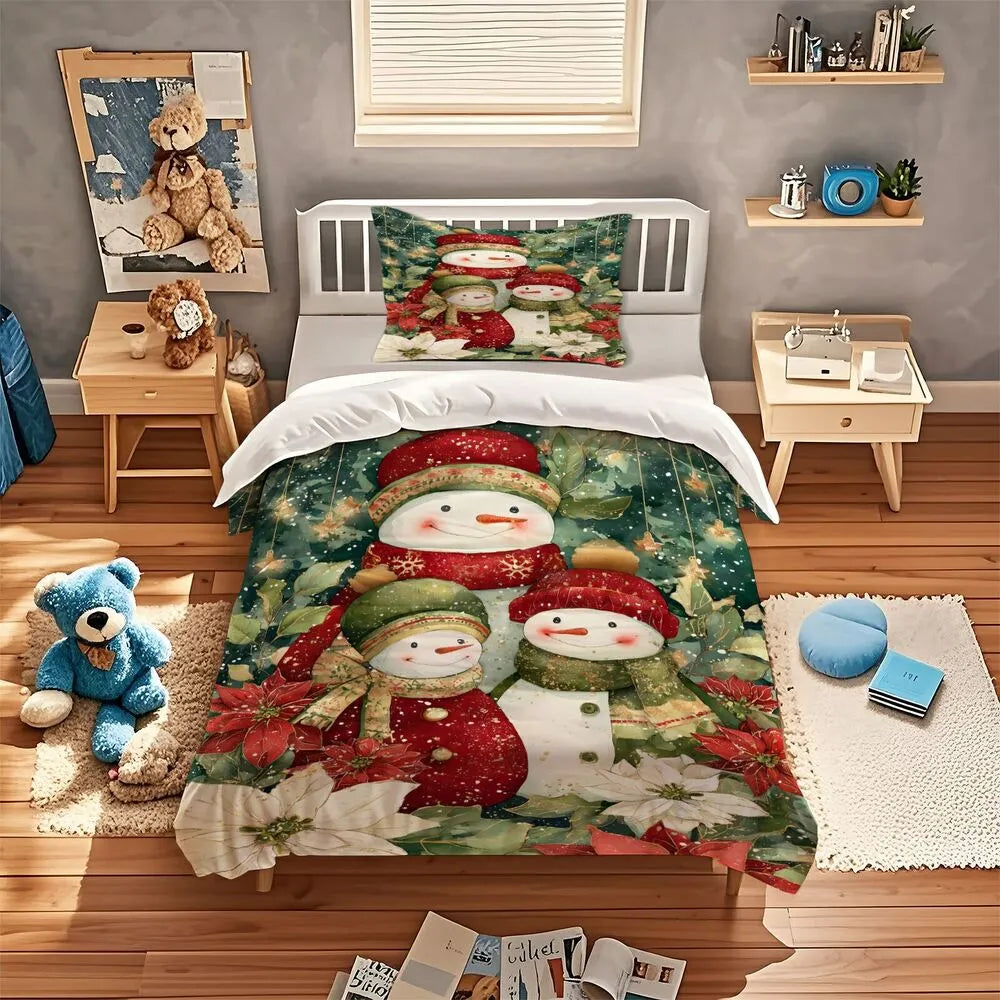 Christmas Snowman Family Poinsettia Teal Christmas Gift Duvet Cover Set Kids Bedding Set