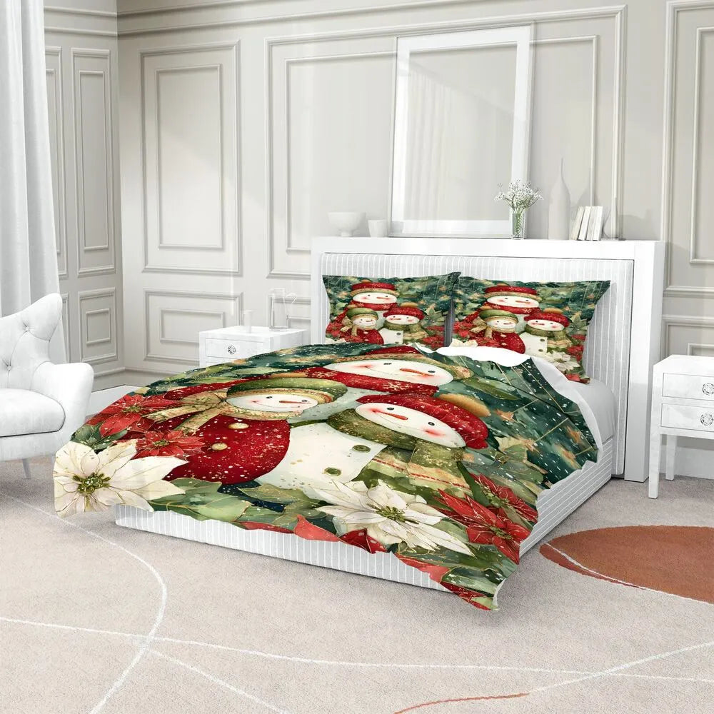 Christmas Snowman Family Poinsettia Teal Christmas Gift Duvet Cover Set Kids Bedding Set