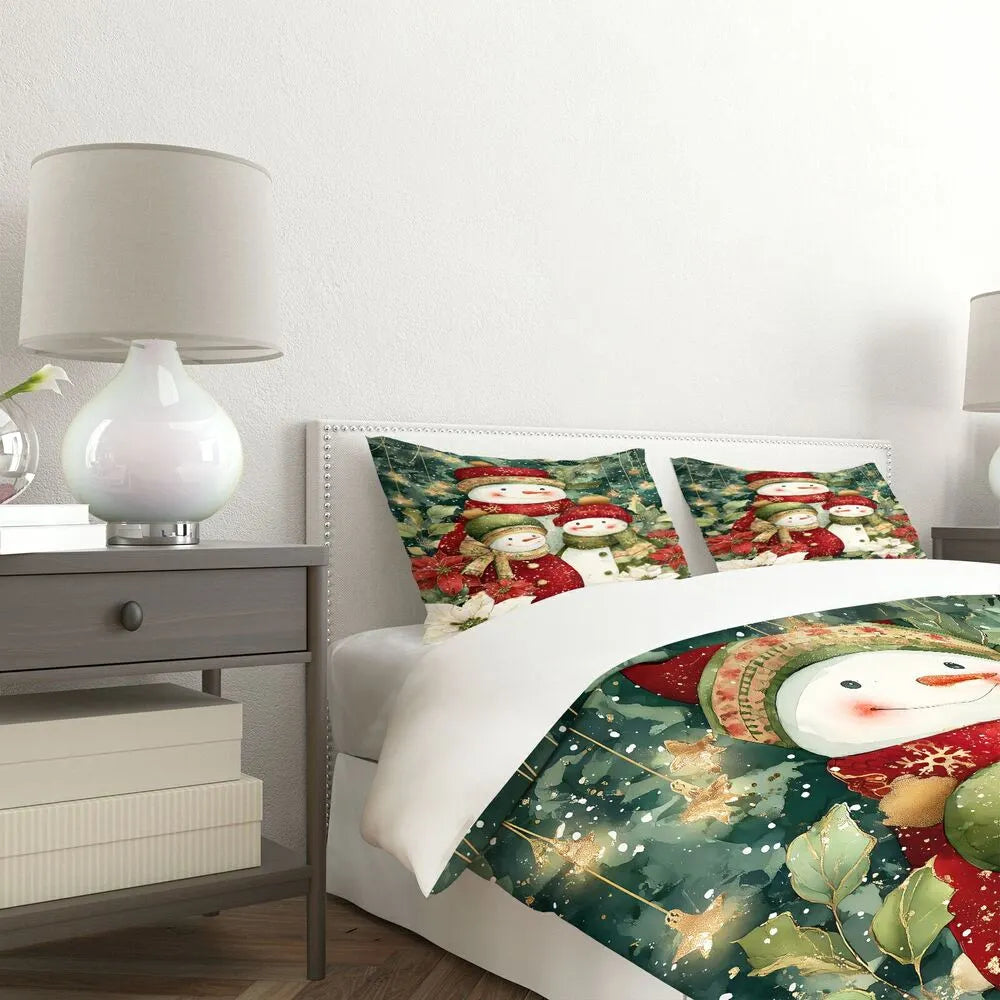 Christmas Snowman Family Poinsettia Teal Christmas Gift Duvet Cover Set Kids Bedding Set