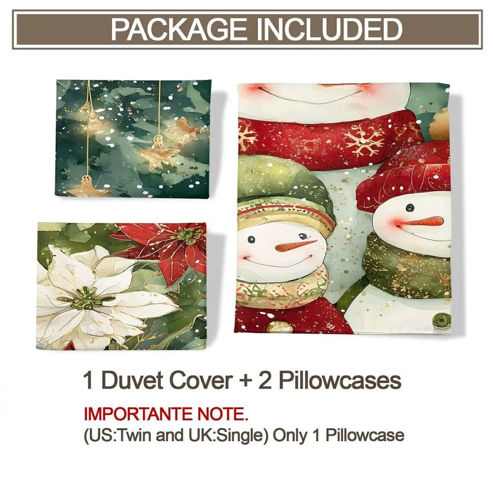 Christmas Snowman Family Poinsettia Teal Christmas Gift Duvet Cover Set Kids Bedding Set
