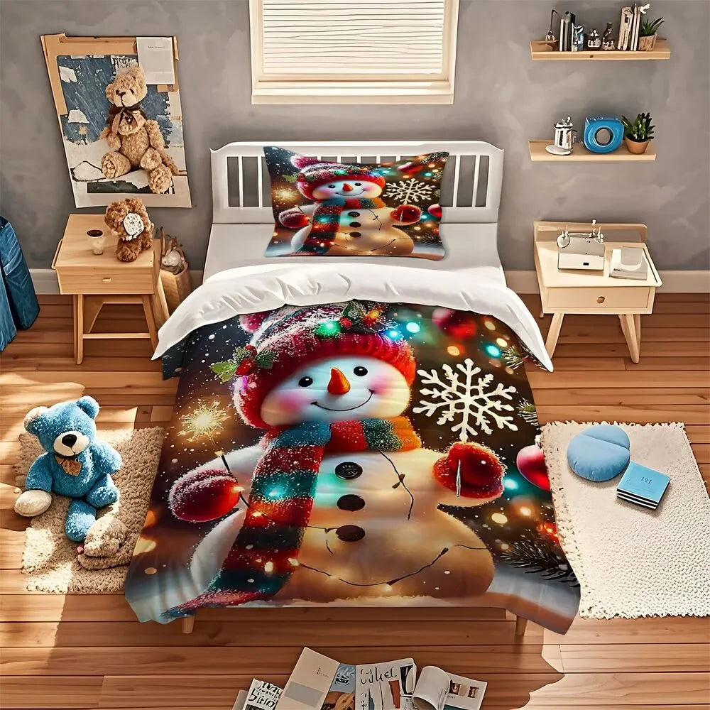 Christmas Snowman Lights Christmas Gift Duvet Cover Set Kids Bedding Set
