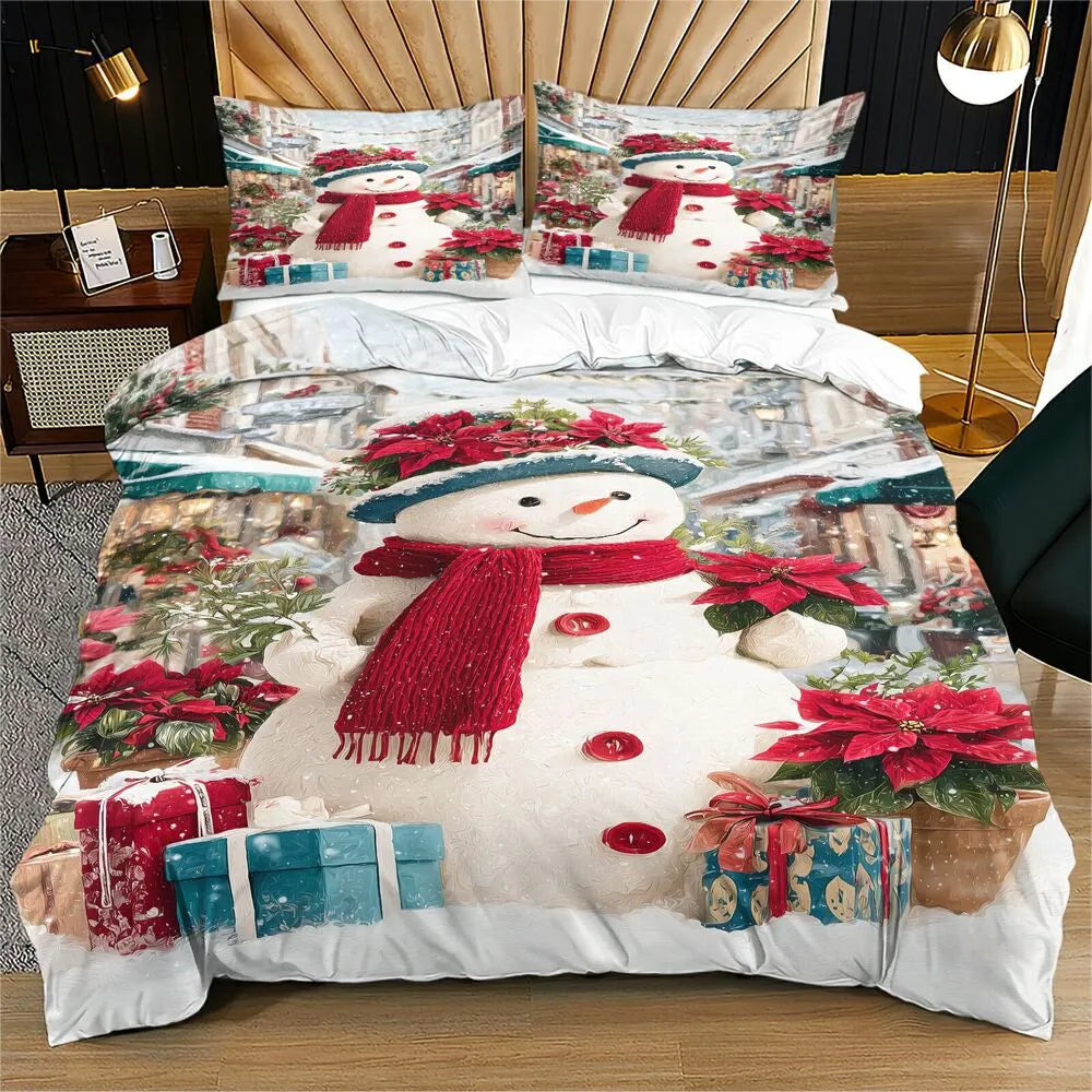 Christmas Snowman Poinsettia Gifts Christmas Gift Duvet Cover Set Kids Bedding Set