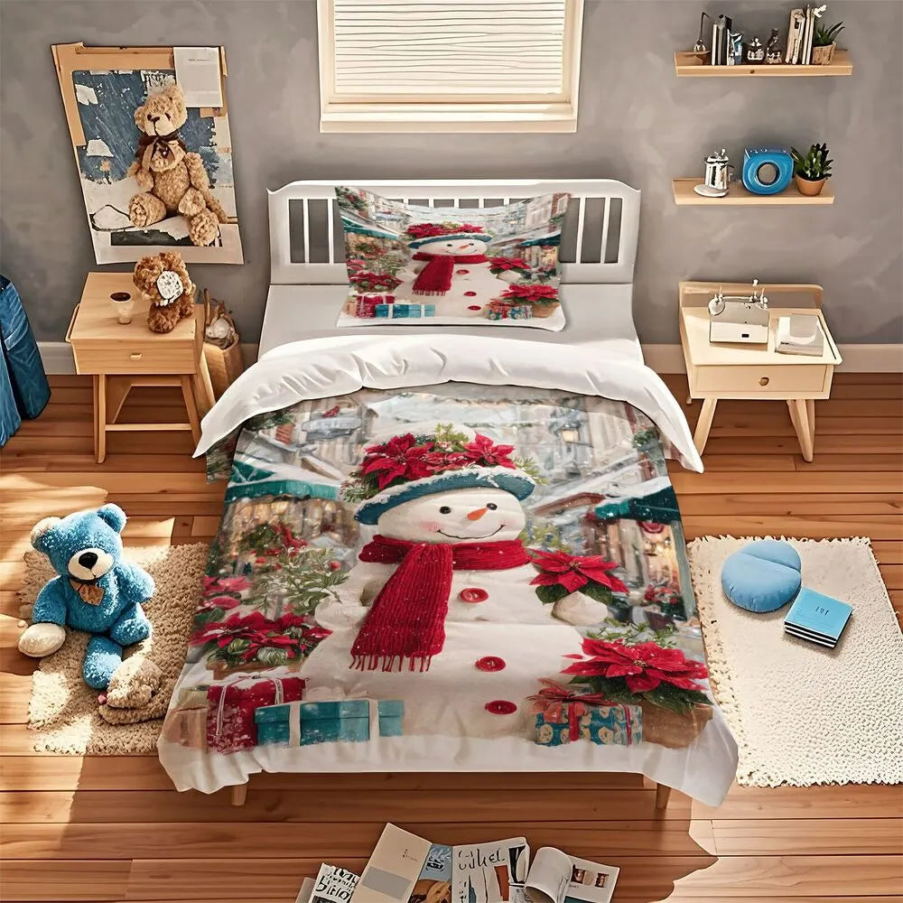 Christmas Snowman Poinsettia Gifts Christmas Gift Duvet Cover Set Kids Bedding Set