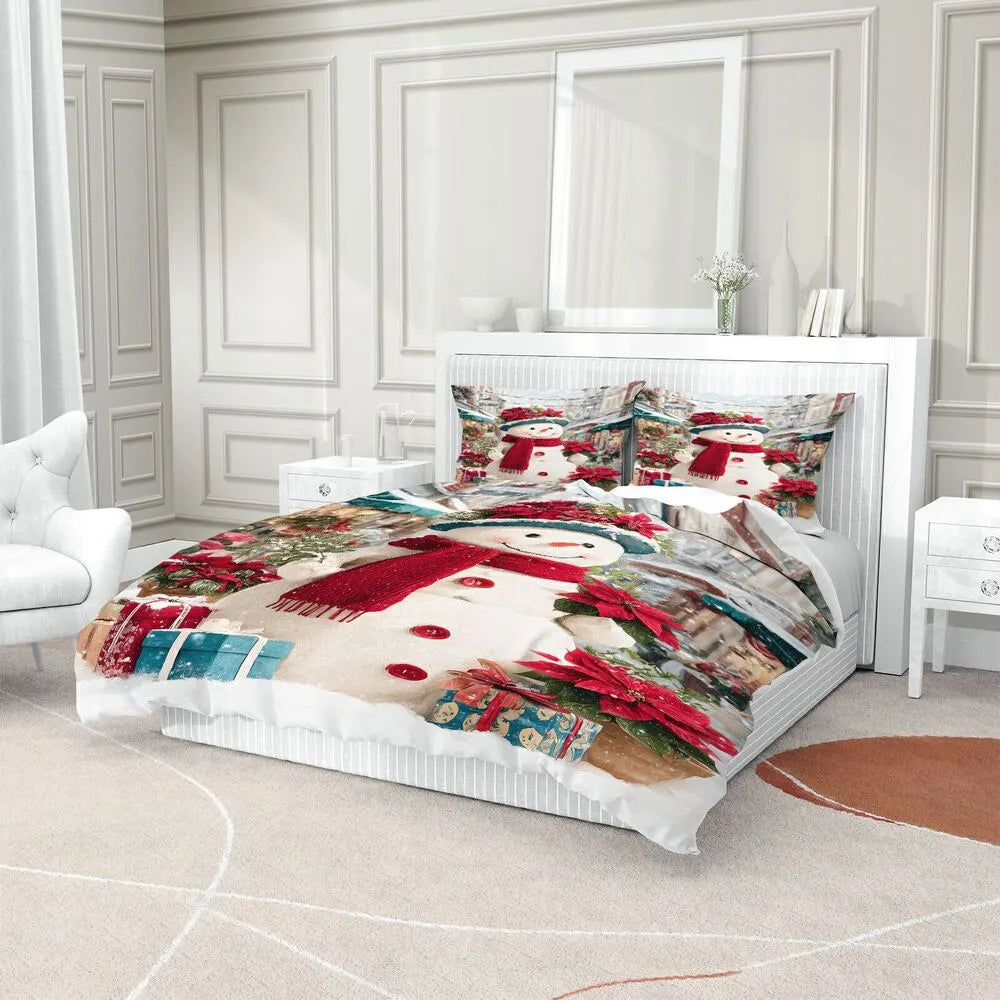 Christmas Snowman Poinsettia Gifts Christmas Gift Duvet Cover Set Kids Bedding Set