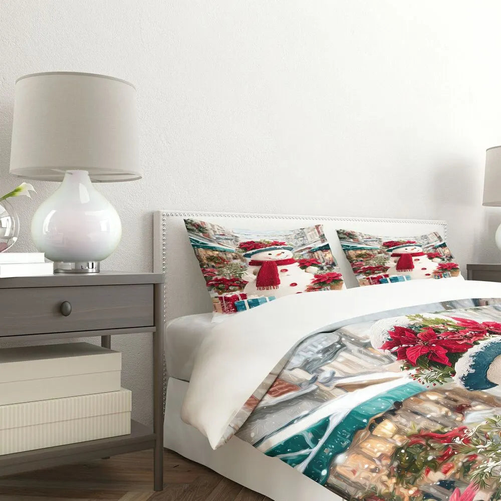 Christmas Snowman Poinsettia Gifts Christmas Gift Duvet Cover Set Kids Bedding Set