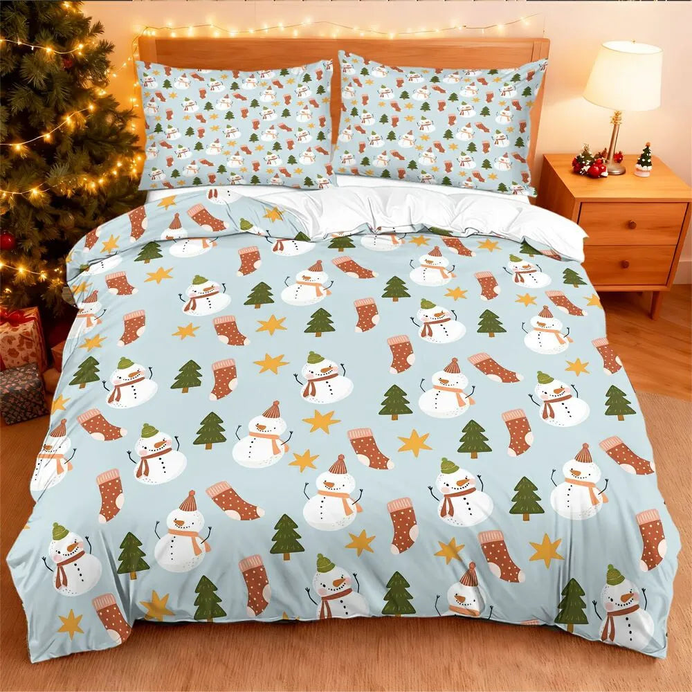Christmas Snowman Sock Tree Christmas Gift Duvet Cover Set Kids Bedding Set