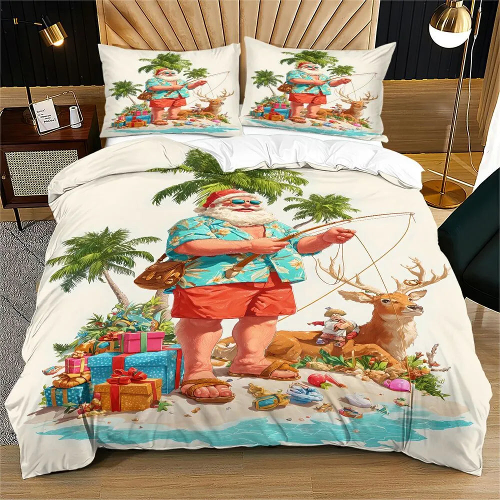 Christmas Tropical Santa Fishing Beach Christmas Gift Duvet Cover Set Kids Bedding Set