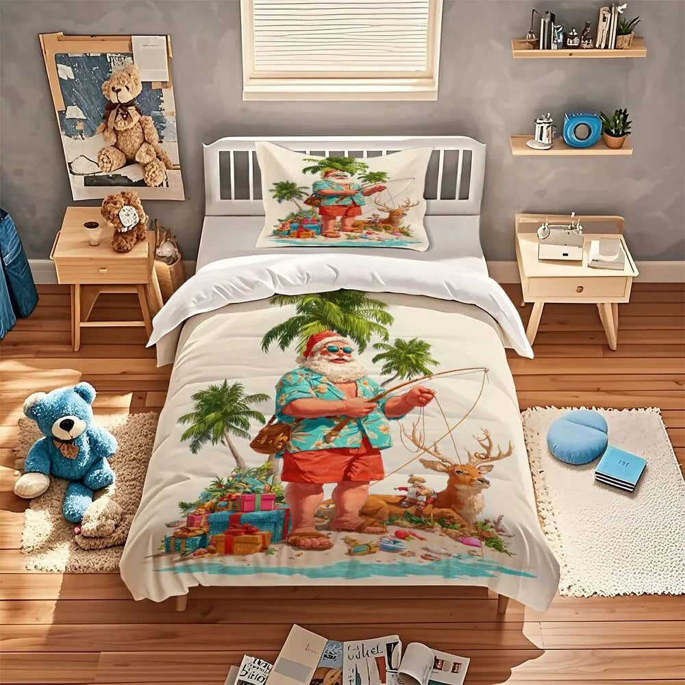 Christmas Tropical Santa Fishing Beach Christmas Gift Duvet Cover Set Kids Bedding Set
