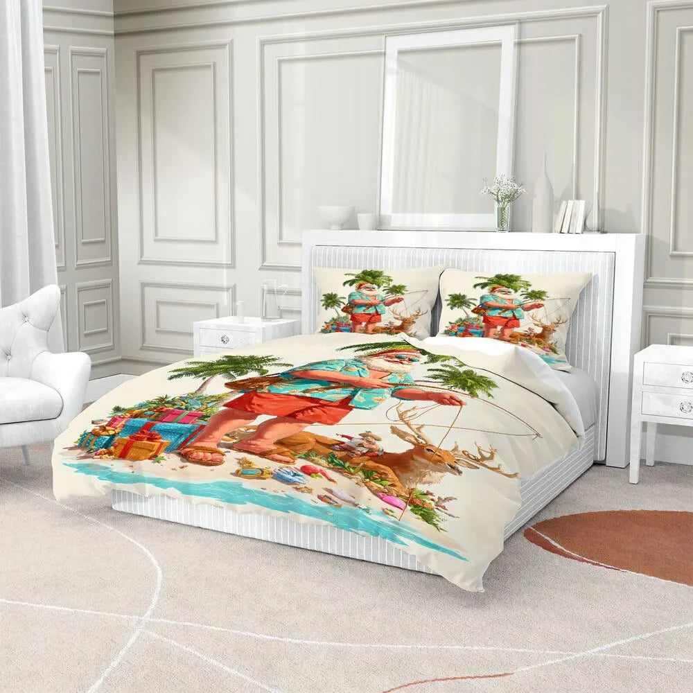 Christmas Tropical Santa Fishing Beach Christmas Gift Duvet Cover Set Kids Bedding Set