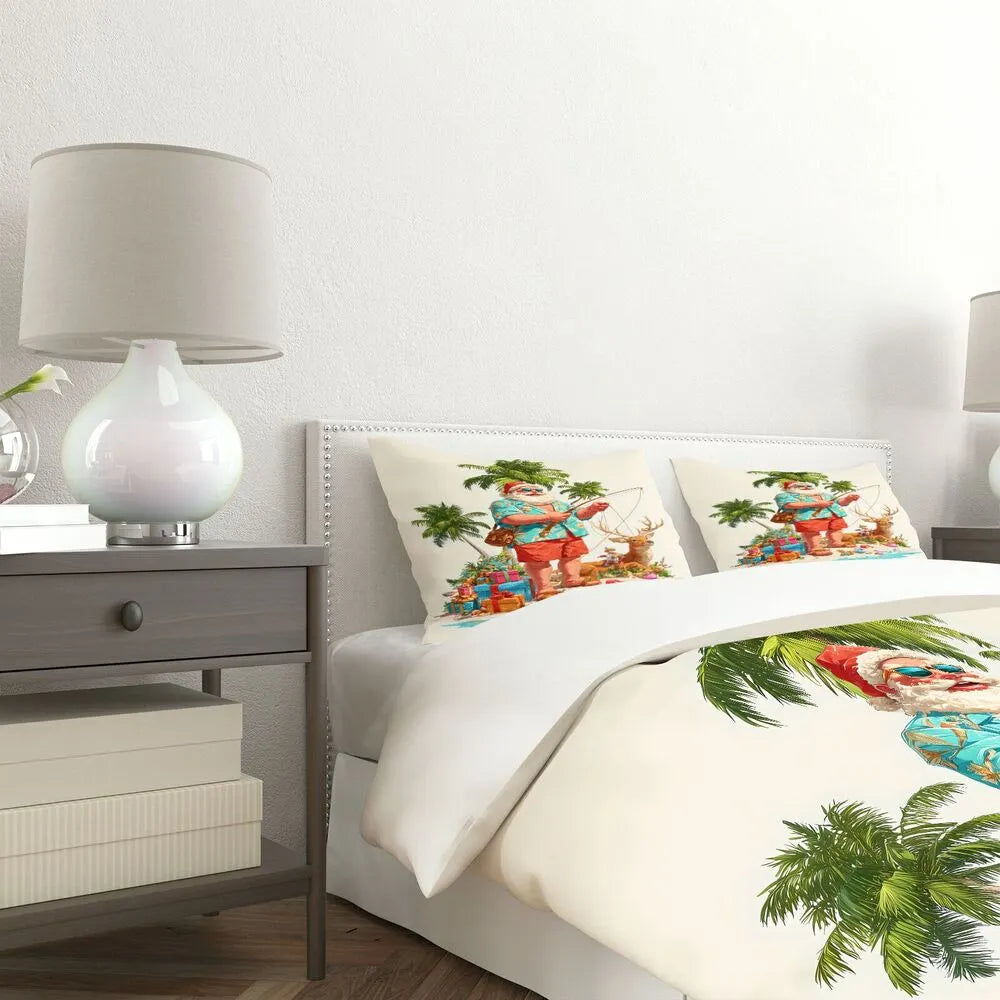 Christmas Tropical Santa Fishing Beach Christmas Gift Duvet Cover Set Kids Bedding Set