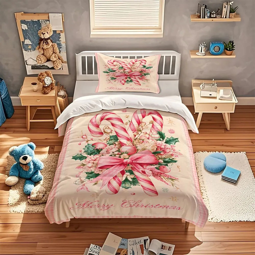Christmas Vintage Candy Cane Pink Beige Christmas Gift Duvet Cover Set Kids Bedding Set