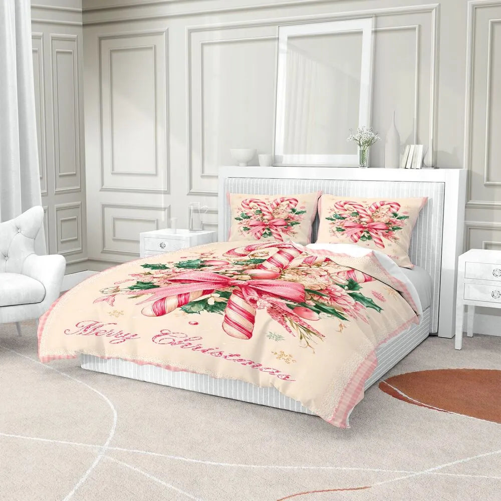 Christmas Vintage Candy Cane Pink Beige Christmas Gift Duvet Cover Set Kids Bedding Set
