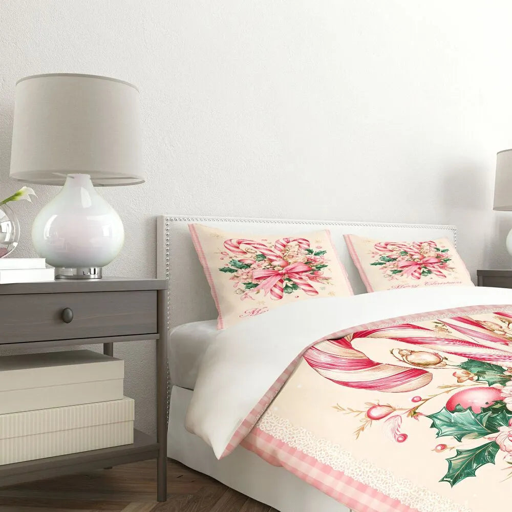 Christmas Vintage Candy Cane Pink Beige Christmas Gift Duvet Cover Set Kids Bedding Set