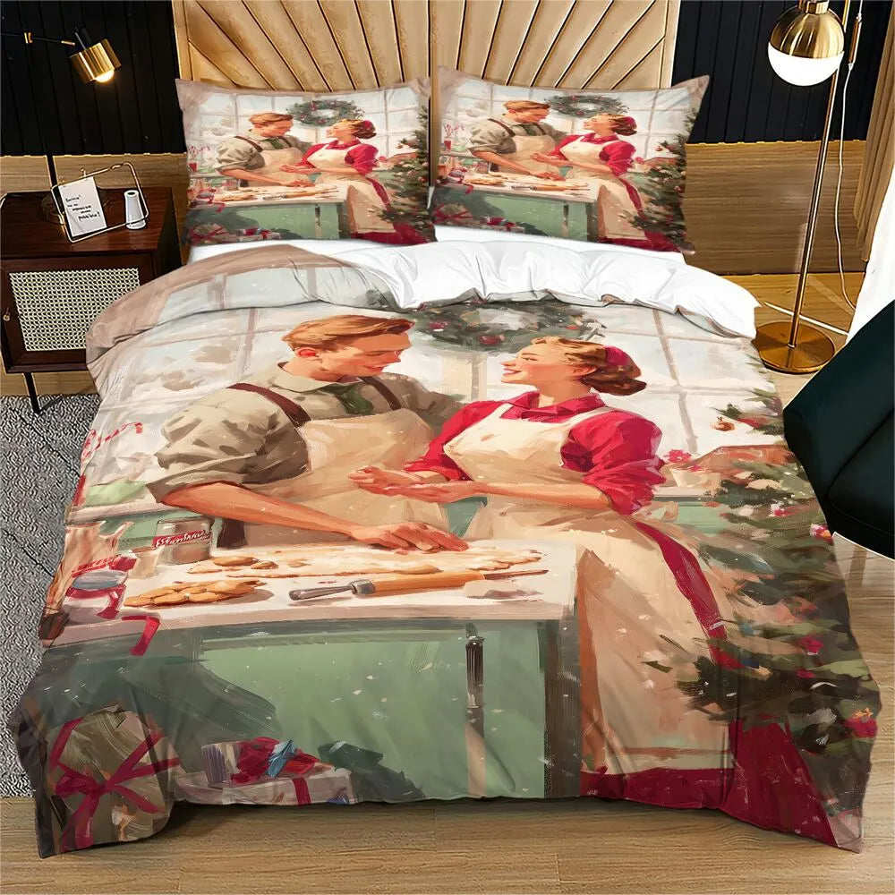 Christmas Vintage Couple Baking Cookies Beige Christmas Gift Duvet Cover Set Kids Bedding Set