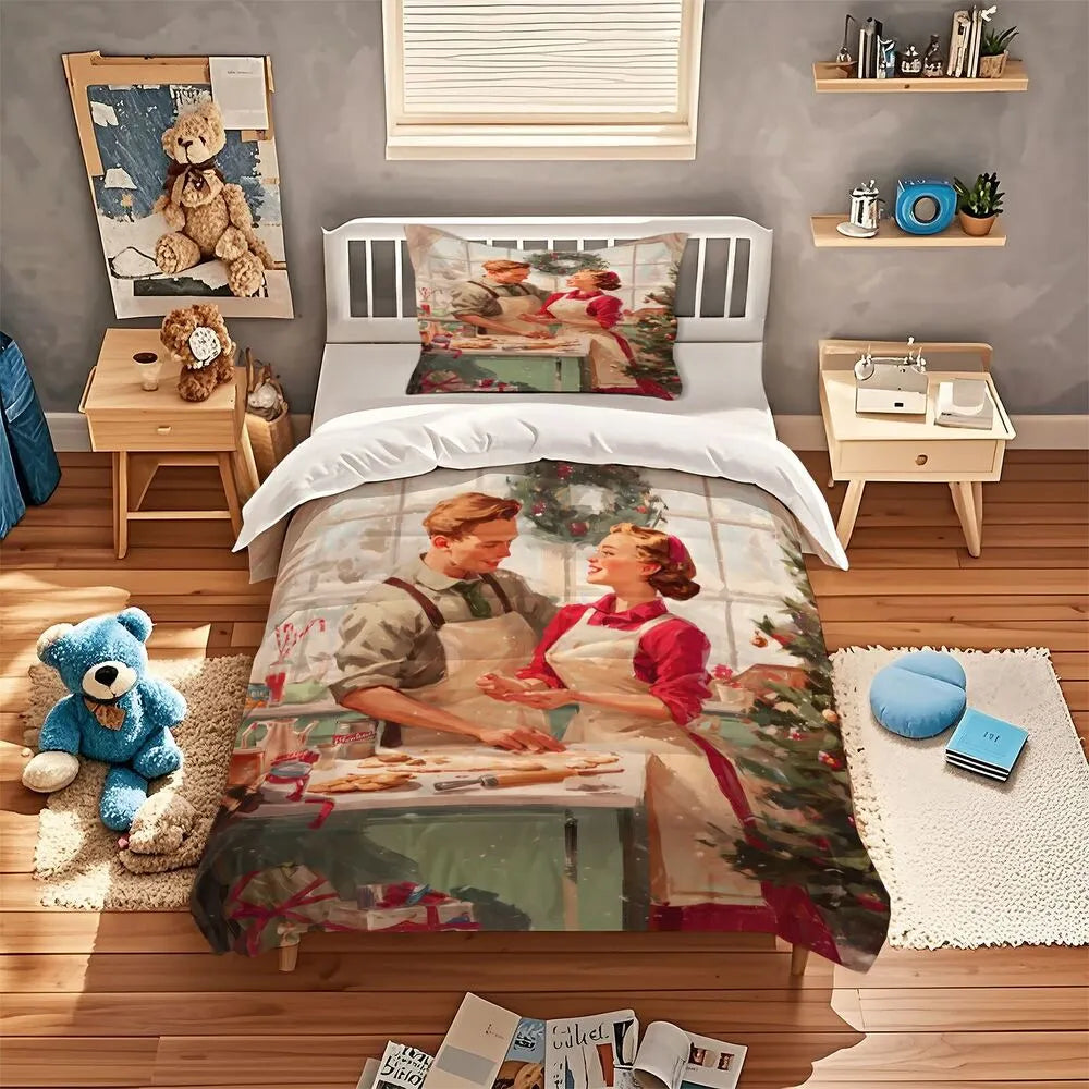 Christmas Vintage Couple Baking Cookies Beige Christmas Gift Duvet Cover Set Kids Bedding Set