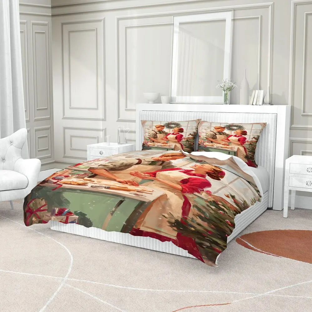 Christmas Vintage Couple Baking Cookies Beige Christmas Gift Duvet Cover Set Kids Bedding Set