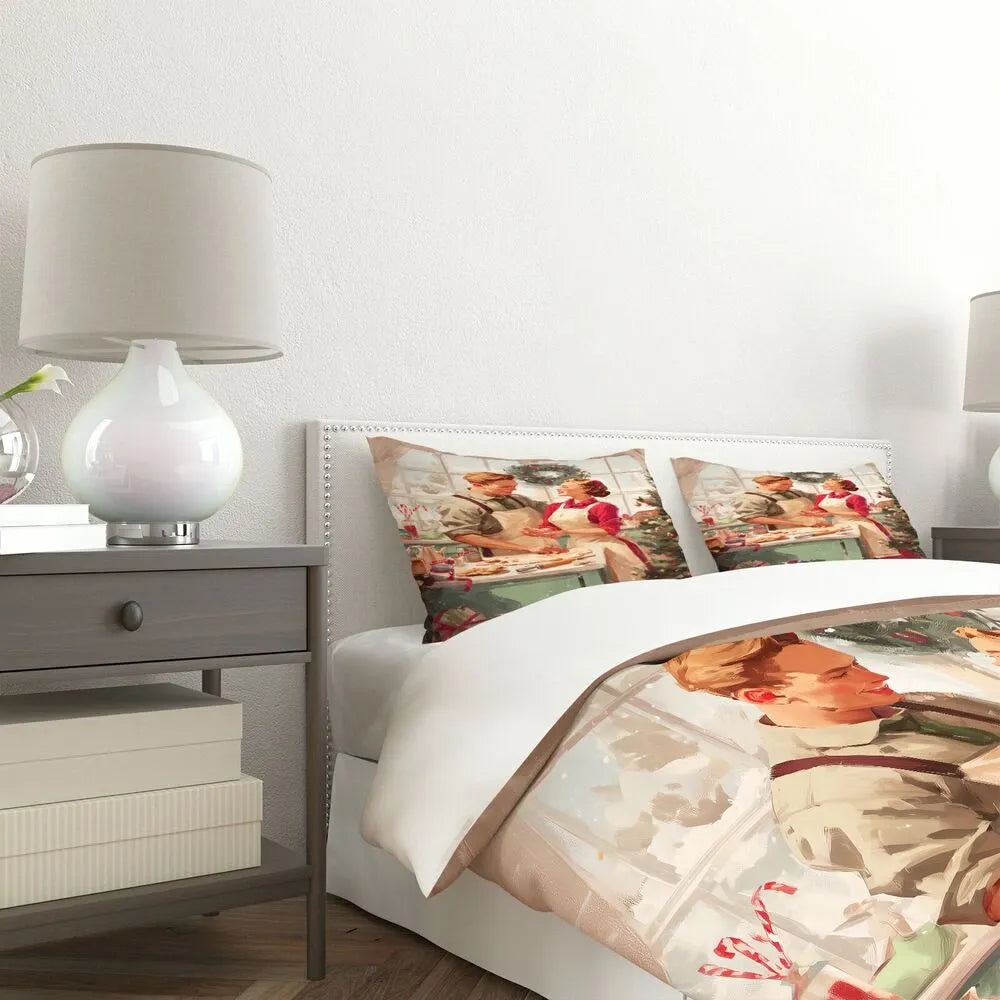 Christmas Vintage Couple Baking Cookies Beige Christmas Gift Duvet Cover Set Kids Bedding Set