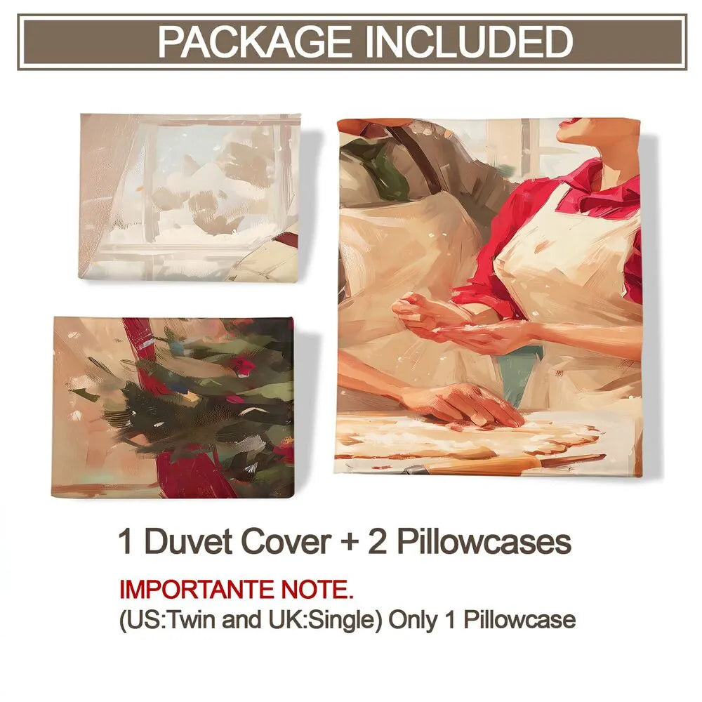 Christmas Vintage Couple Baking Cookies Beige Christmas Gift Duvet Cover Set Kids Bedding Set