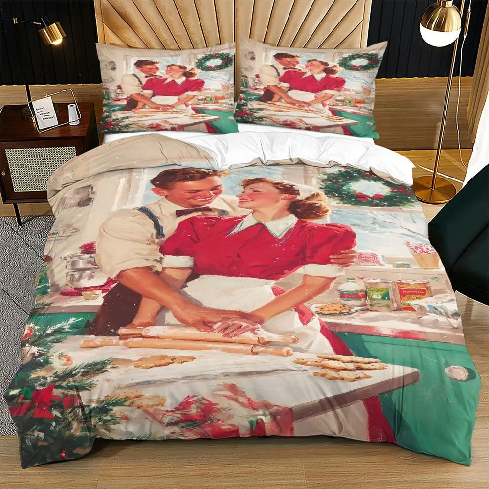 Christmas Vintage Couple Baking Cookies Green Beige Christmas Gift Duvet Cover Set Kids Bedding Set