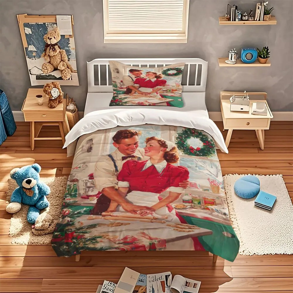 Christmas Vintage Couple Baking Cookies Green Beige Christmas Gift Duvet Cover Set Kids Bedding Set