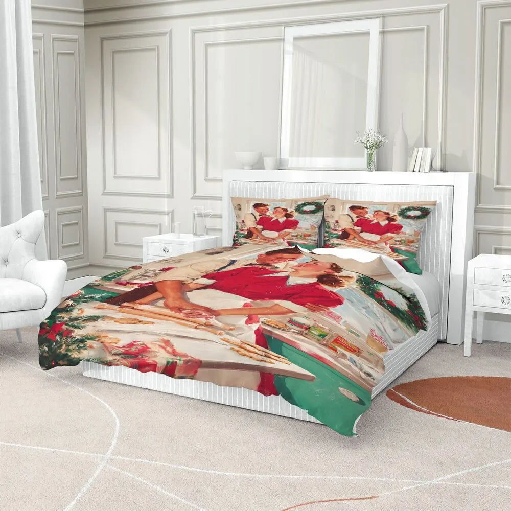 Christmas Vintage Couple Baking Cookies Green Beige Christmas Gift Duvet Cover Set Kids Bedding Set