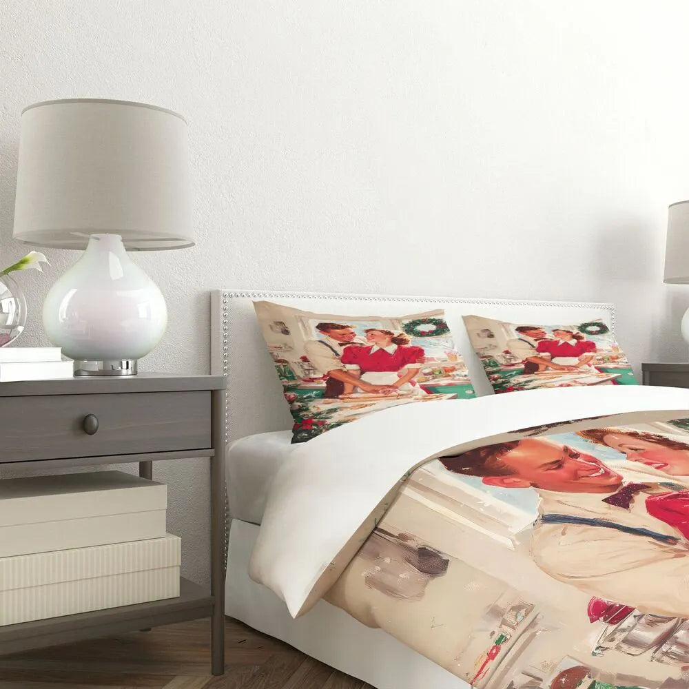 Christmas Vintage Couple Baking Cookies Green Beige Christmas Gift Duvet Cover Set Kids Bedding Set