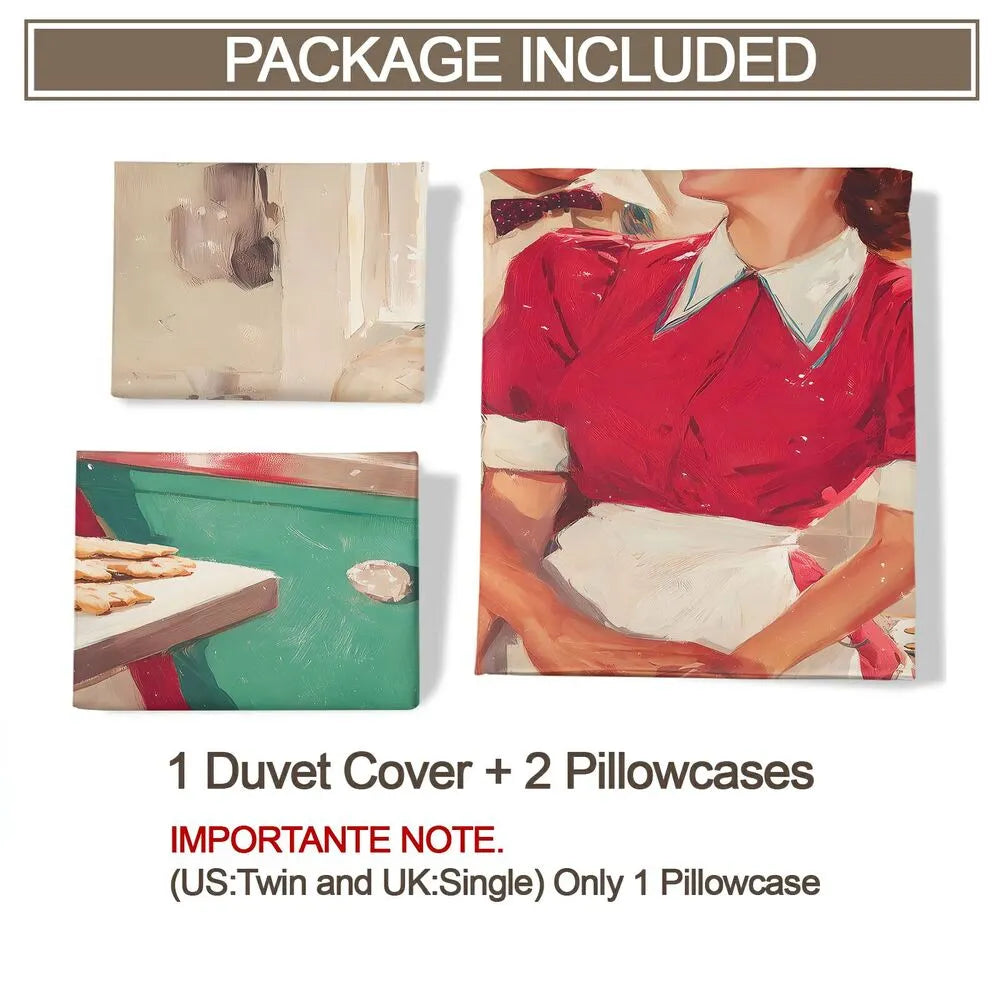 Christmas Vintage Couple Baking Cookies Green Beige Christmas Gift Duvet Cover Set Kids Bedding Set