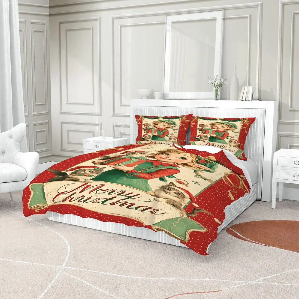 Christmas Vintage Elf Cats Merry Christmas Red Green Christmas Gift Duvet Cover Set Kids Bedding Set