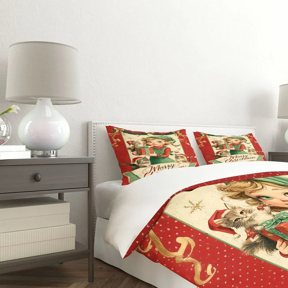 Christmas Vintage Elf Cats Merry Christmas Red Green Christmas Gift Duvet Cover Set Kids Bedding Set