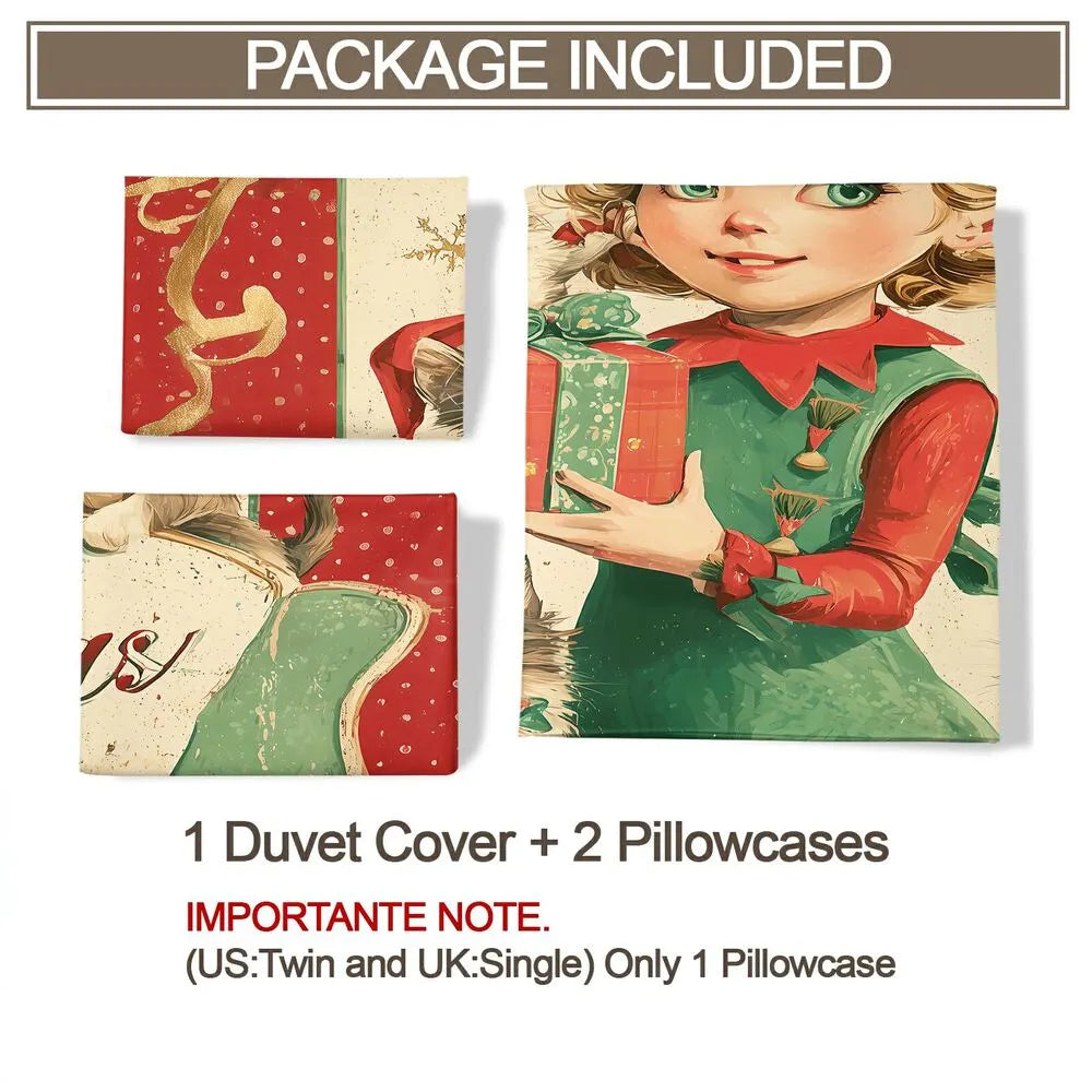 Christmas Vintage Elf Cats Merry Christmas Red Green Christmas Gift Duvet Cover Set Kids Bedding Set