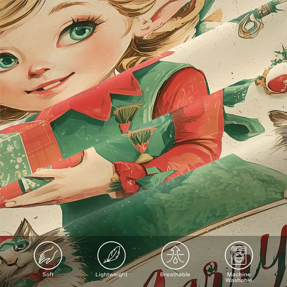 Christmas Vintage Elf Cats Merry Christmas Red Green Christmas Gift Duvet Cover Set Kids Bedding Set